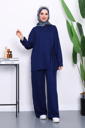 Lacivert Yan Bağlamalı Tunik Pantolonlu Modal Takım