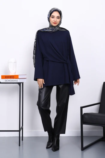 Lacivert Yandan Şallı Fitilli Tunik