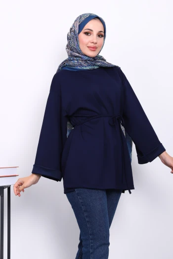 Lacivert Yanları Yırtmaçlı Bel İpli Tunik