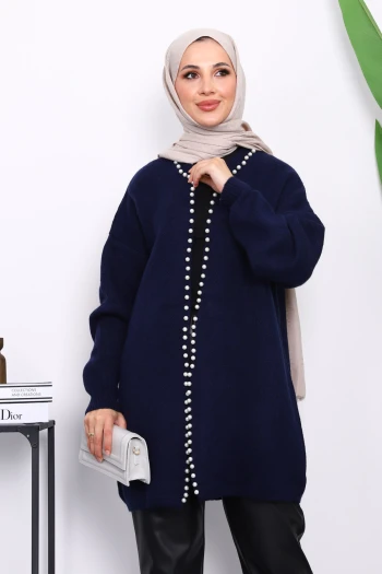 Lacivert Yumoş Triko İncili Hırka