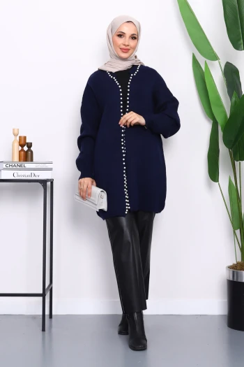 Lacivert Yumoş Triko İncili Hırka