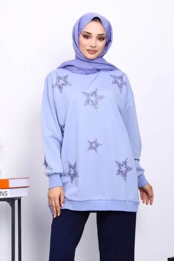 Lila Bisiklet Yaka Taşlı Modal Sweatshirt