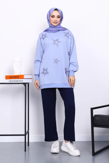 Lila Bisiklet Yaka Taşlı Modal Sweatshirt
