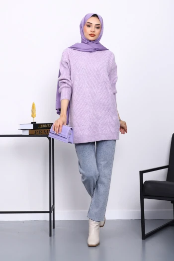 Lila Bisiklet Yaka Triko Kazak