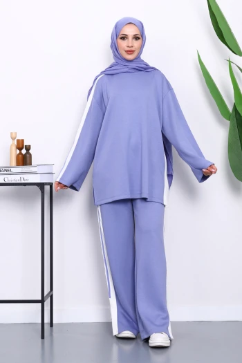 Lila Renk Bloklu Tunik Pantolonlu Takım