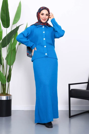 Mavi Gömlek Yaka Düğmeli Triko Etekli Takım
