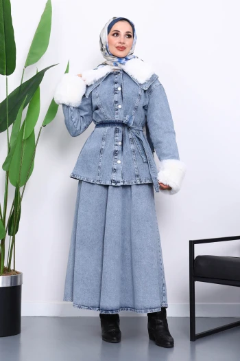 Mavi Kol Yaka Kürklü Kot Ceket Etek Takım