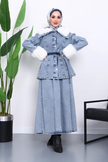 Mavi Kol Yaka Kürklü Kot Ceket Etek Takım