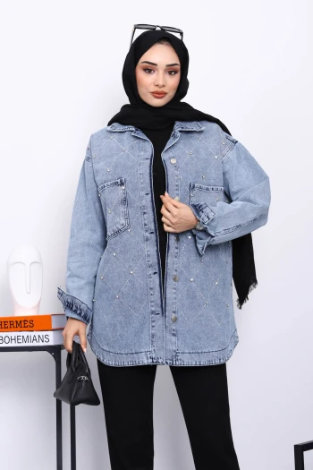 Mavi Taş İşlemeli Kot Ceket
