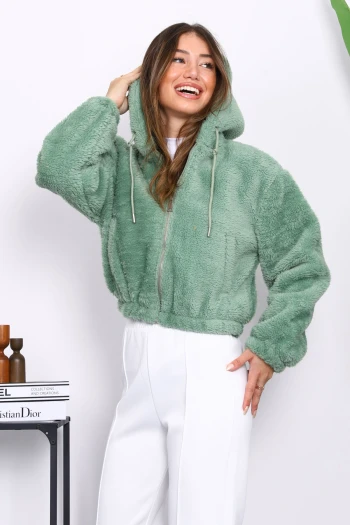 Mint Kapüşonlu Kısa Peluş Mont