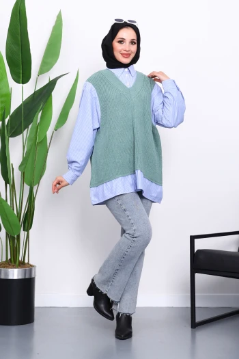 Mint Triko Garnili Gömlek