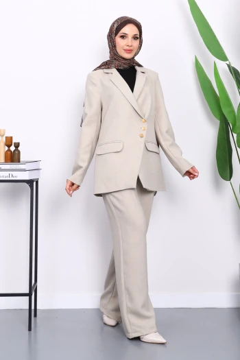 Mint Yeşili Düğmeli Ceket Pantolonlu Takım