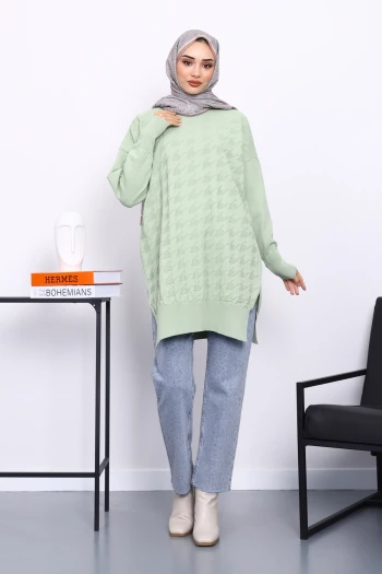 Mint Yeşili Kazayağı Desenli Soğuk İplik Triko Tunik