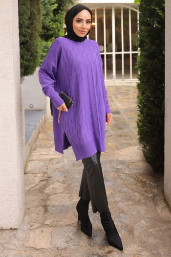 Mor Bisiklet Yaka Soğuk İplik Triko Tunik