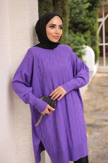 Mor Bisiklet Yaka Soğuk İplik Triko Tunik