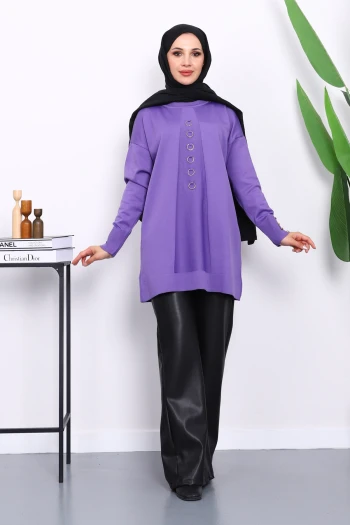 Mor Ön Detaylı Soğuk İplik Triko Tunik