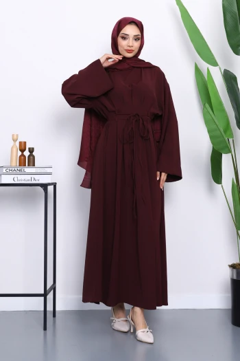 Mürdüm Bel Bağlamalı Piliseli Elbise