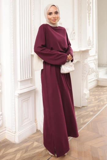 Mürdüm Bisiklet Yaka Bel Kuşaklı Elbise