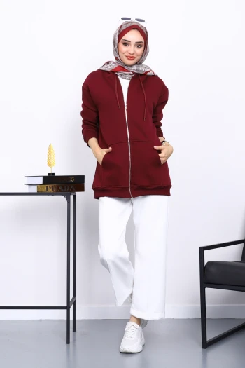 Mürdüm Cepli Fermuarlı Üç İplik Kapşonlu Sweat