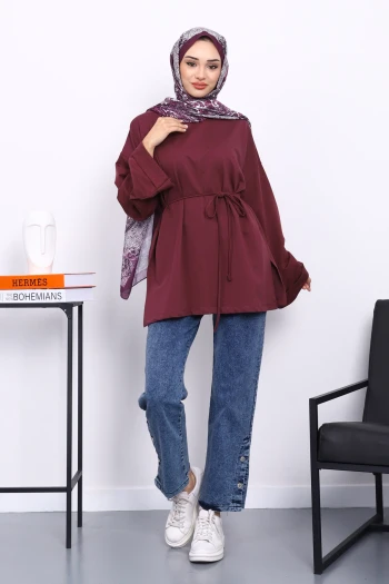 Mürdüm Dikiş Detaylı Yanları Yırtmaçlı Sweatshirt