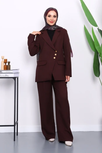 Mürdüm Düğmeli Ceket Pantolonlu Takım
