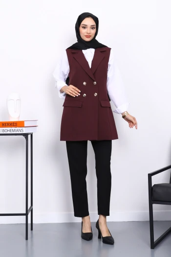 Mürdüm Düğmeli Cepli Yelek