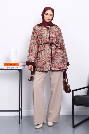 Mürdüm Etnik Desenli Çıtçıtlı Ceket