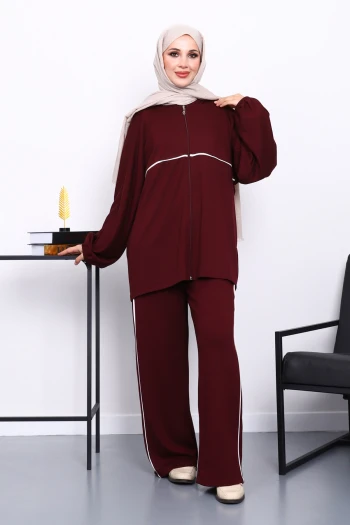 Mürdüm Fermuarlı Sweat Pantolonlu Modal Takım