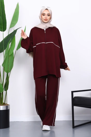 Mürdüm Fermuarlı Sweat Pantolonlu Modal Takım