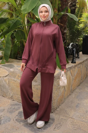 Mürdüm File Detaylı Fermuarlı Tunik Pantolonlu Takım