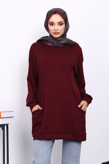 Mürdüm Kapşonlu Çift Cepli Tunik