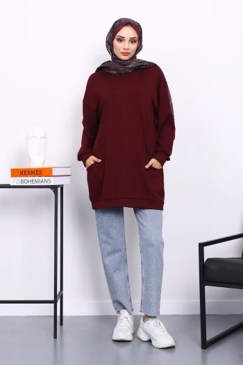 Mürdüm Kapşonlu Çift Cepli Tunik