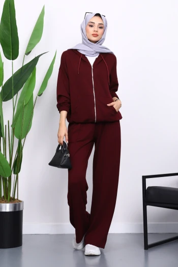 Mürdüm Kapşonlu Fermuarlı Kanguru Cepli Modal Takım