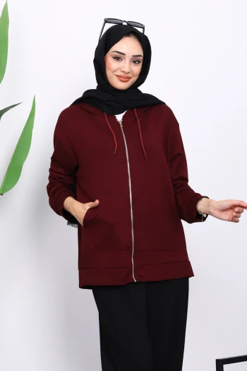 Mürdüm Kapşonlu Fermuarlı Modal Sweat Hırka