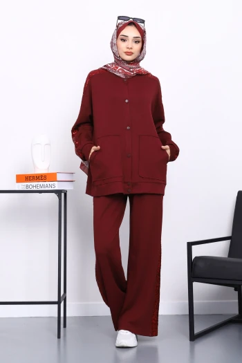 Mürdüm Pul Payetli Tunik Pantolonlu Takım