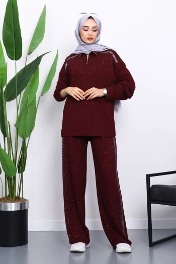 Mürdüm Taşlı Yaka Fermuarlı Tunik Pantolonlu Takım