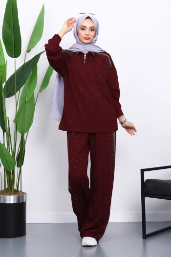 Mürdüm Taşlı Yaka Fermuarlı Tunik Pantolonlu Takım