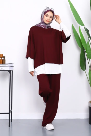 Mürdüm Tişört İçlik Pantolonlu Üçlü Kombin Takım