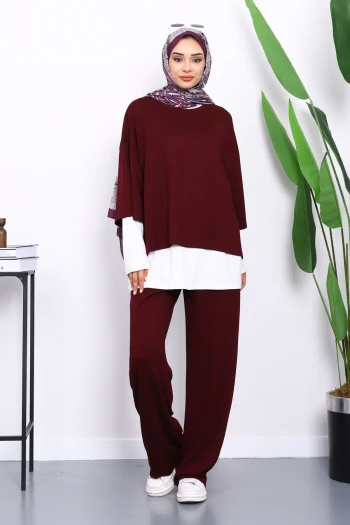 Mürdüm Tişört İçlik Pantolonlu Üçlü Kombin Takım
