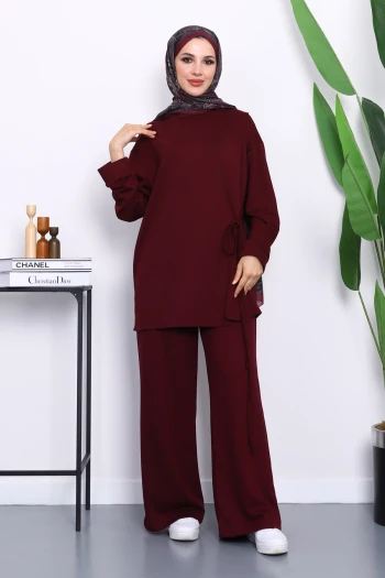 Mürdüm Yan Bağlamalı Tunik Pantolonlu Modal Takım