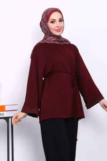 Mürdüm Yanları Yırtmaçlı Bel İpli Tunik