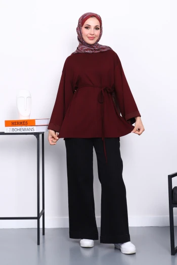 Mürdüm Yanları Yırtmaçlı Bel İpli Tunik