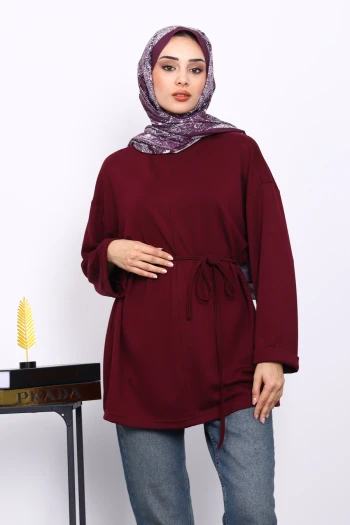Mürdüm Yanları Yırtmaçlı Bel İpli Tunik