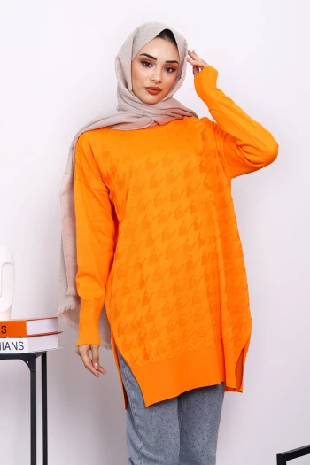 Oranj Kazayağı Desenli Soğuk İplik Triko Tunik