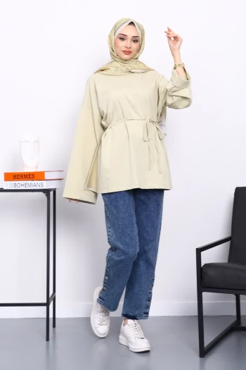 Pastel Yeşili Dikiş Detaylı Yanları Yırtmaçlı Sweatshirt