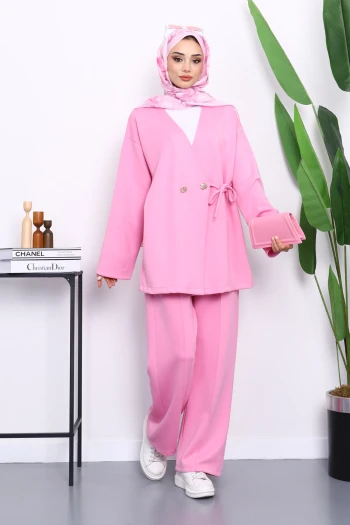 Pembe Bağlama Detaylı Tunik Pantolonlu Takım