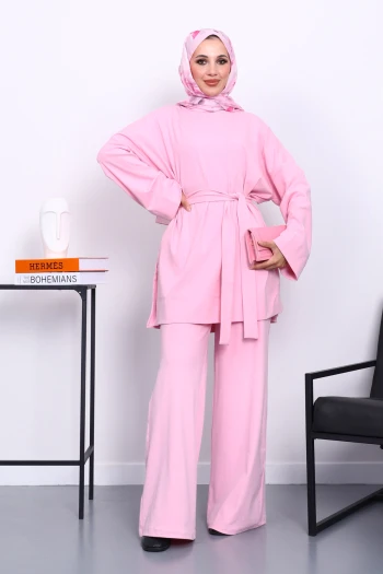 Pembe Bisiklet Yaka Yan Yırtmaçlı Takım