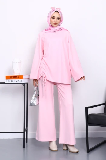 Pembe Büzgü Detaylı Fitilli Tunik Pantolonlu Takım