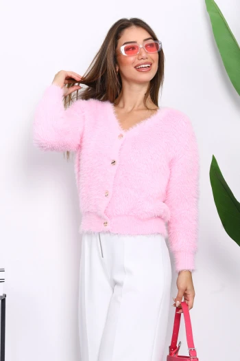 Pembe Dümeli Kısa Angora Yumoş Triko Hırka