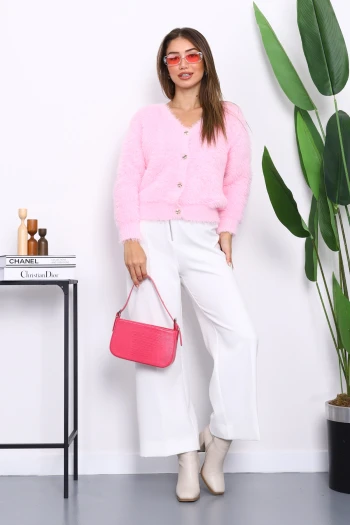 Pembe Dümeli Kısa Angora Yumoş Triko Hırka